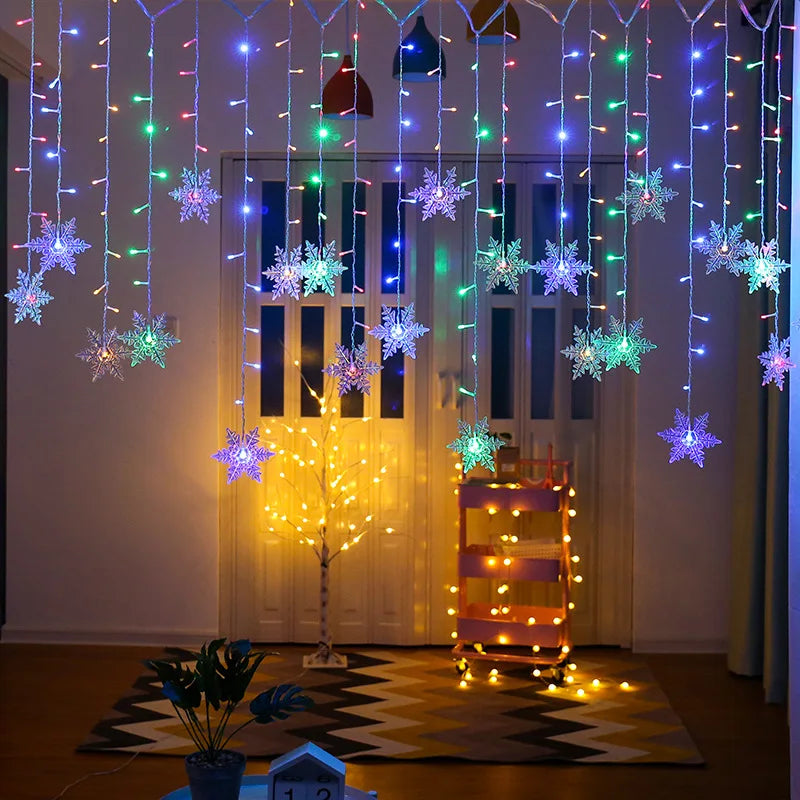 Snowflake Cascading Window Curtain Lights 10.5 ft LED String with 8 Modes for Indoor Outdoor Holiday Decoration | Thomler