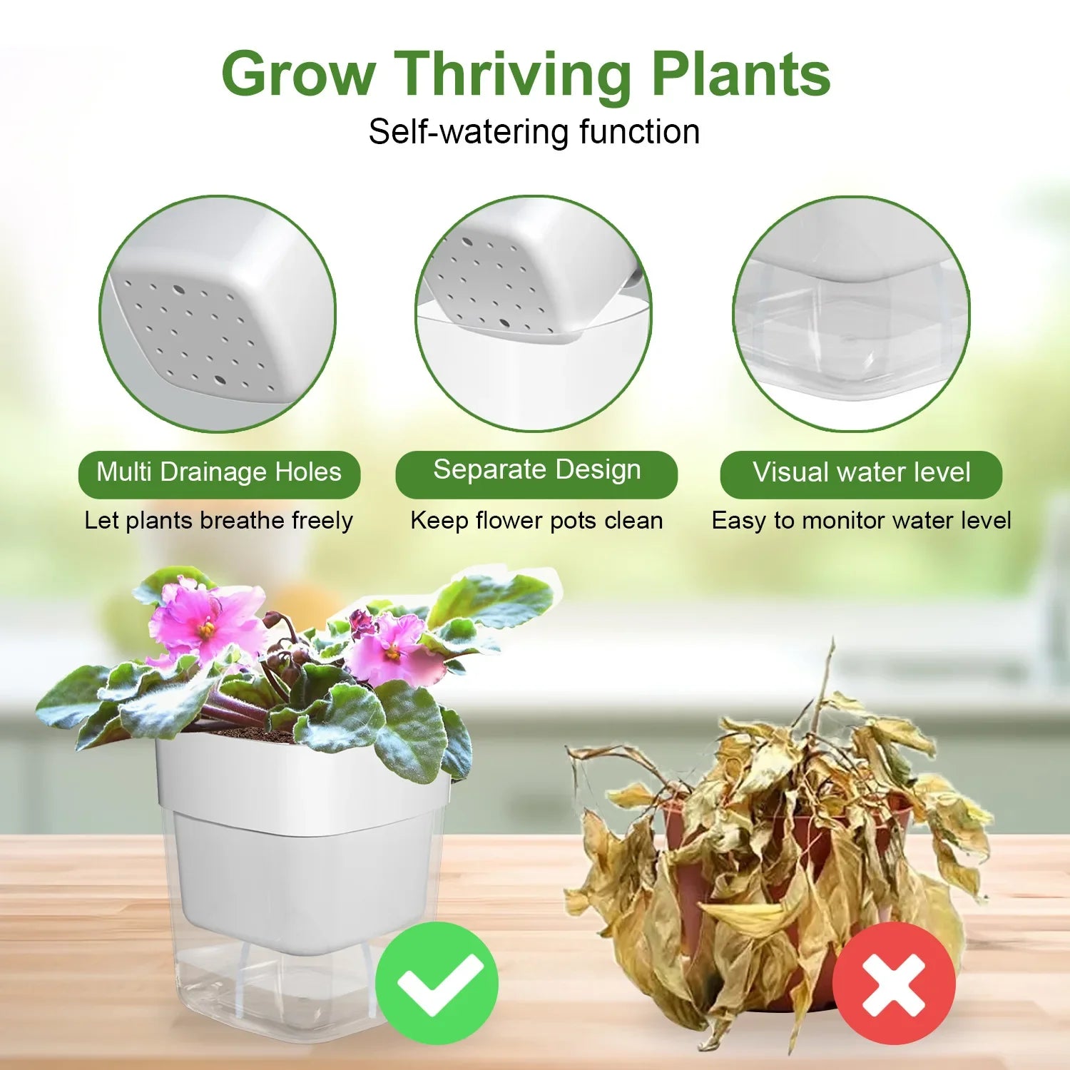 Flower Pot Self Watering PP AS Plastic 25.0 cm White Indoor Herb Planter Hydroponic Windowsill Office Container | Thomler