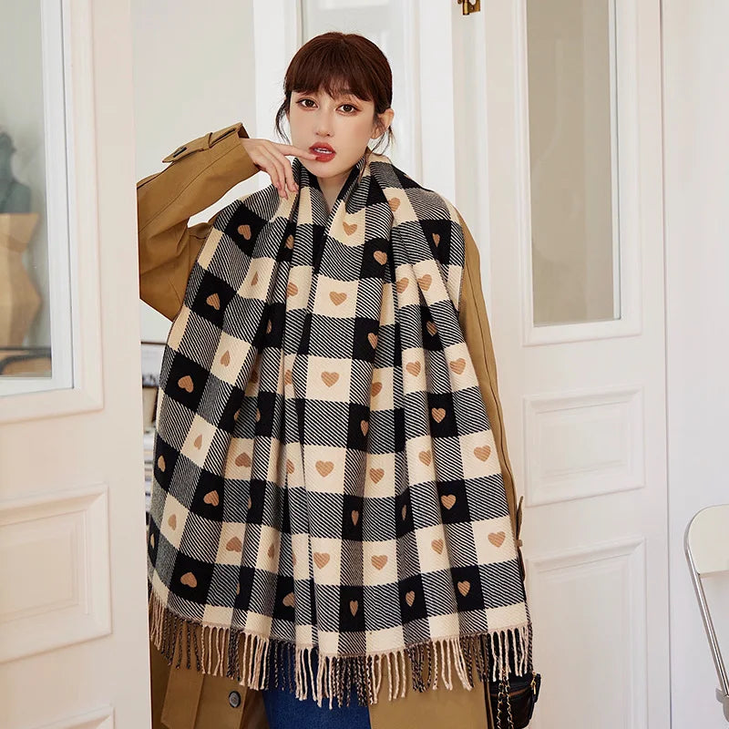 Oversized Plaid Blanket Scarf for Women – Thick Knitted Wrap with Heart Accent for Fall & Winter | Thomler