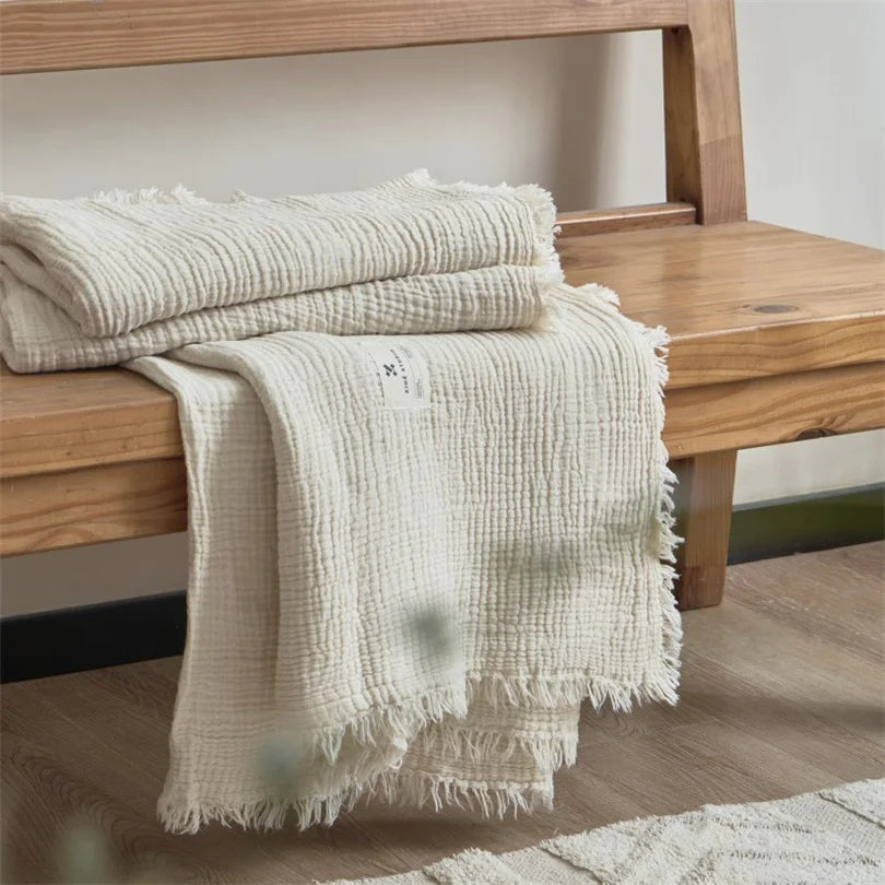 Premium Cotton Muslin Throw Blanket with Tassels – 6-Layer Gauze Weave for Couch, Bed, Office Naps & Decor | Thomler