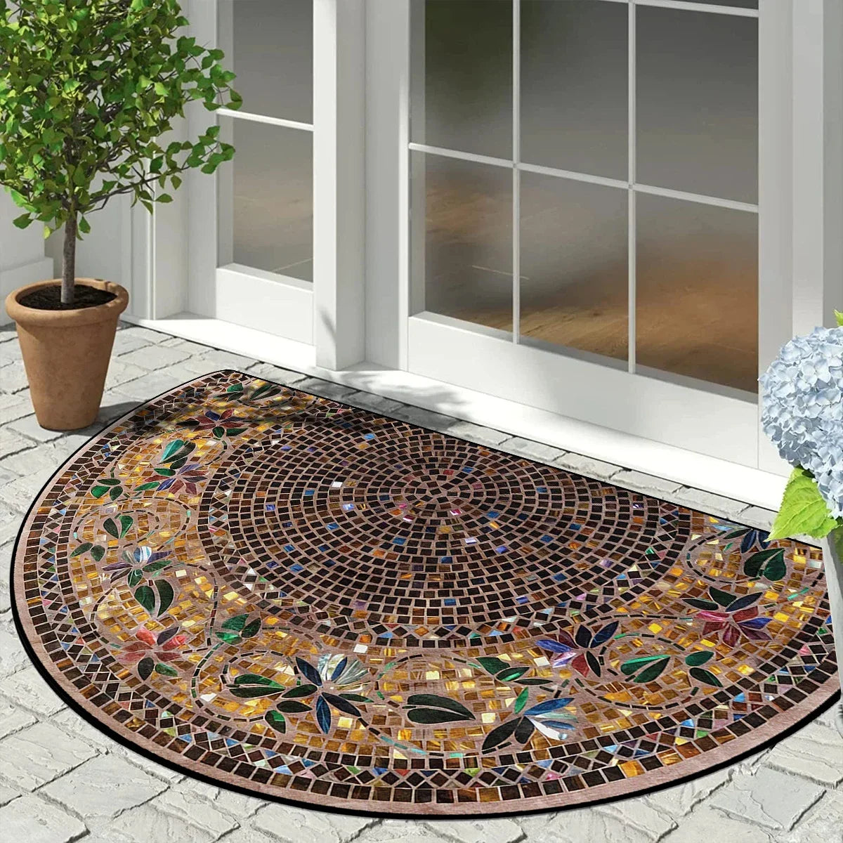 Half Circle Entryway Mat – Non-Slip Outdoor Rug with Vintage Patchwork Floral Geometric Print for Patio, Front Door, Balcony & | Thomler