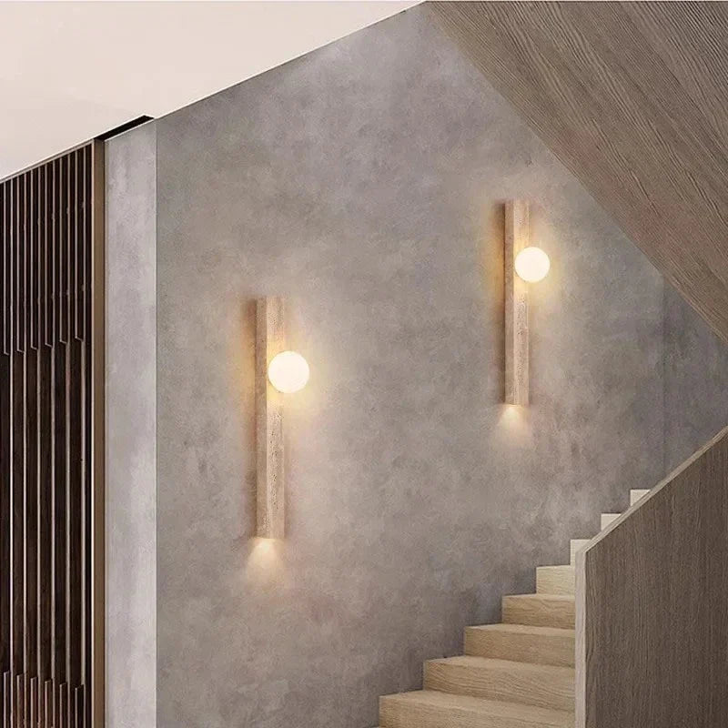 Wall Lamp Travertine Stone LED Khaki Japandi Bedroom Hallway Ambient Lighting Frosted Glass Globe Sconce | Thomler