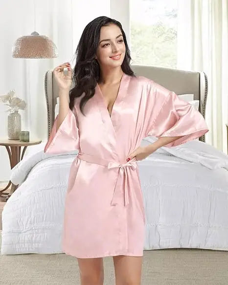 Women's Satin Kimono Robe Loungewear in Navy Blue Pink Purple Lightweight Summer Wrap Sleepwear for Bridal Party | Thomler