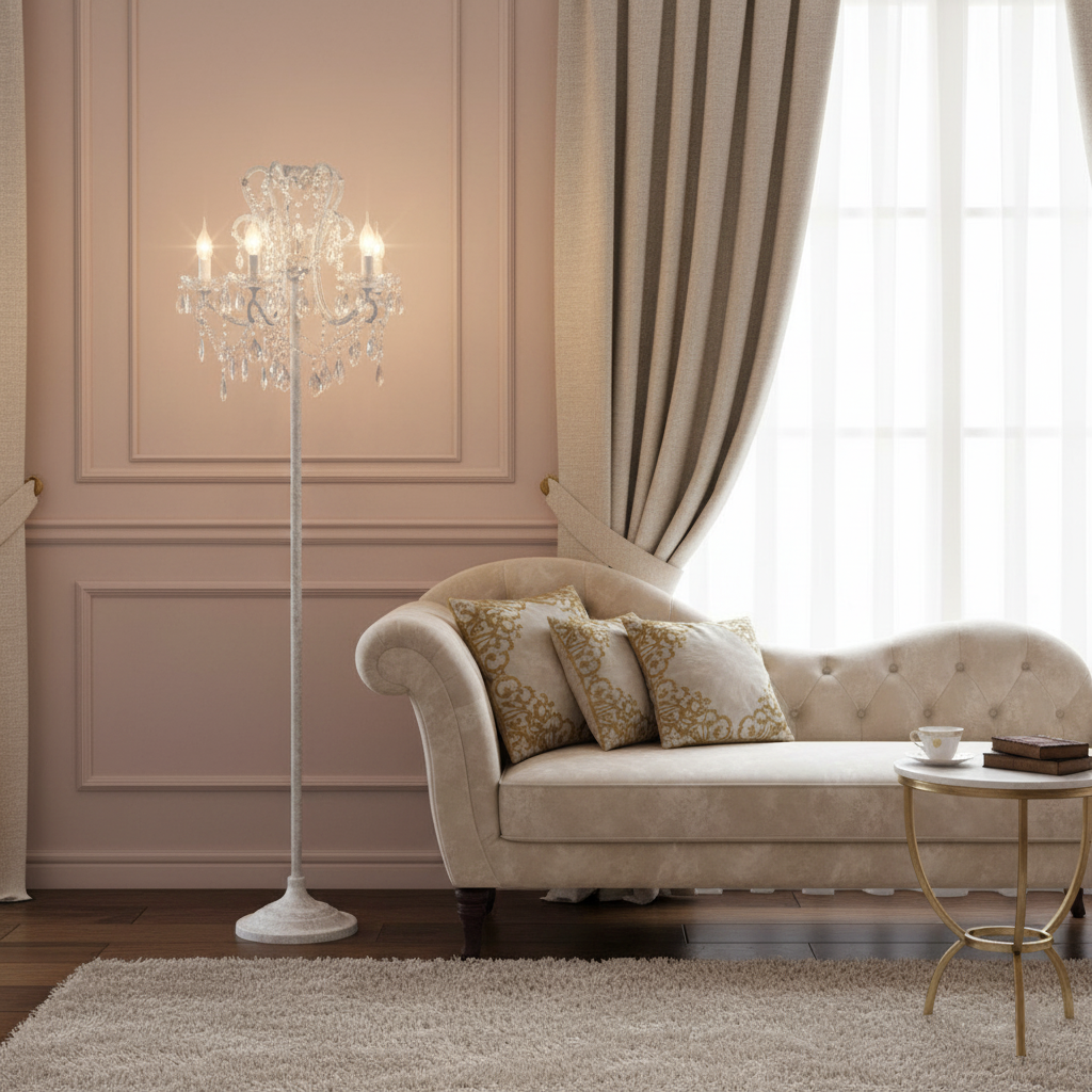 Floor Lamp Iron 20.9 in Crystal Retro White Gold Living Room Accent Lighting Decorative Stand | Thomler