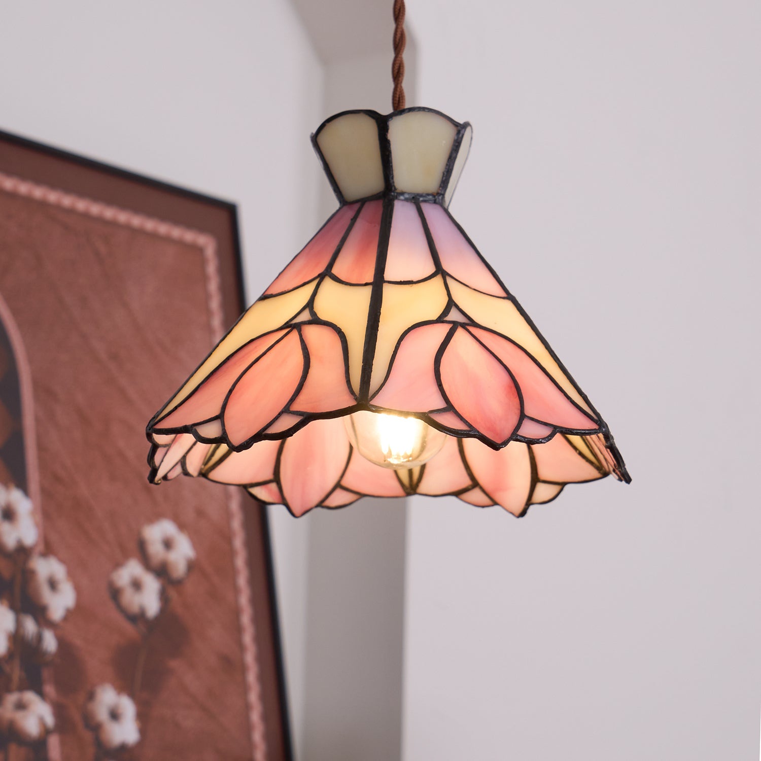 Pendant Light Stained Glass 7.8 in Pink Beige Floral Dining Room Hanging Lamp Decorative Ceiling Fixture | Thomler
