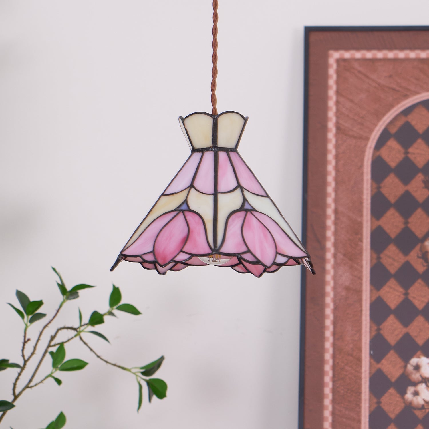 Pendant Light Stained Glass 7.8 in Pink Beige Floral Dining Room Hanging Lamp Decorative Ceiling Fixture | Thomler