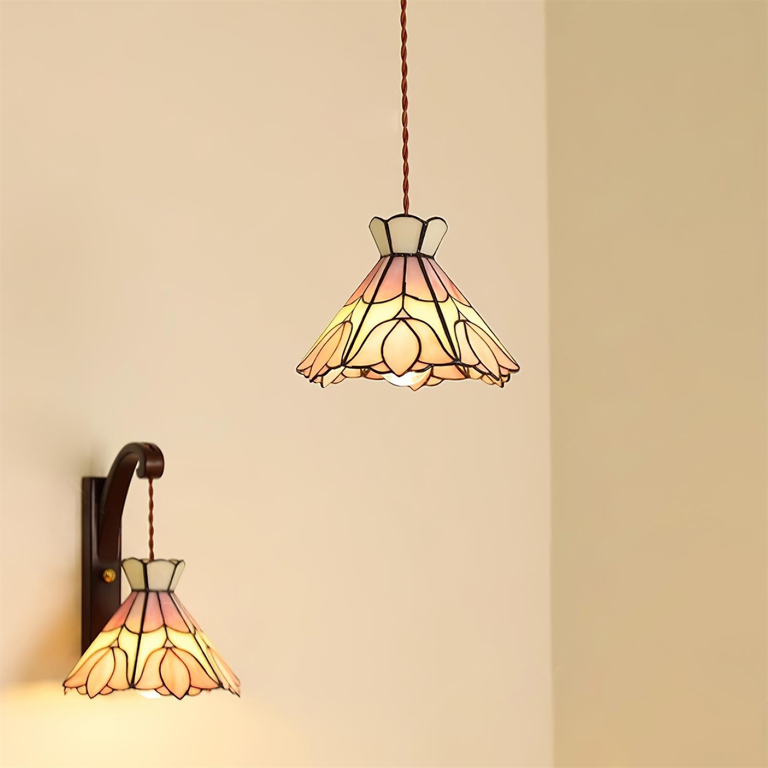 Pendant Light Stained Glass 7.8 in Pink Beige Floral Dining Room Hanging Lamp Decorative Ceiling Fixture | Thomler
