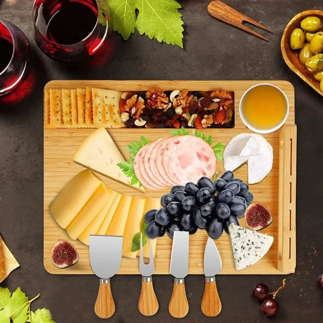 Bamboo Charcuterie Platter with Cutlery Storage and Carved Handles for Entertaining | Thomler