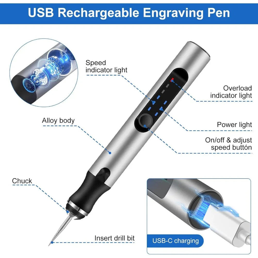 Cordless Rotary Tool with 37 Bits – USB Rechargeable Precision Engraver for Glass, Wood, Stone & Metal | Compact Electric Etching Pen for | Thomler