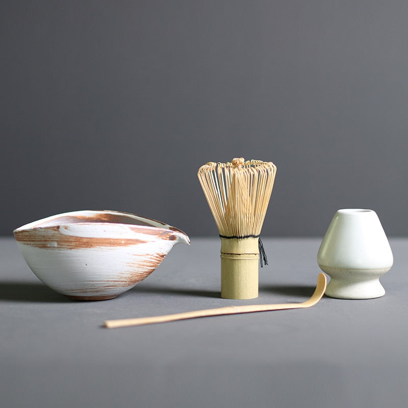Ceremonial Matcha Tea Preparation Kit — Bamboo Whisk, Ceramic Bowl, Scoop & Holder — 4-Piece Japanese Tea Set for Home Brewing | Thomler