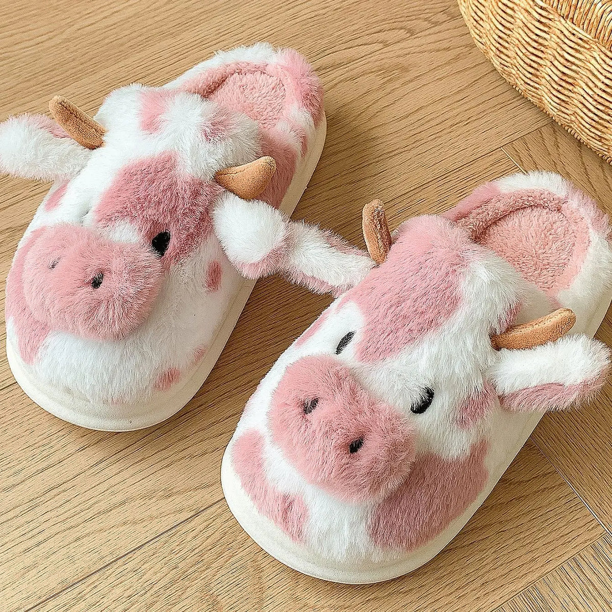 Plush Cow Print House Slippers for Women – Cozy Indoor Footwear with Platform Sole for Winter Warmth & Comfort | Thomler