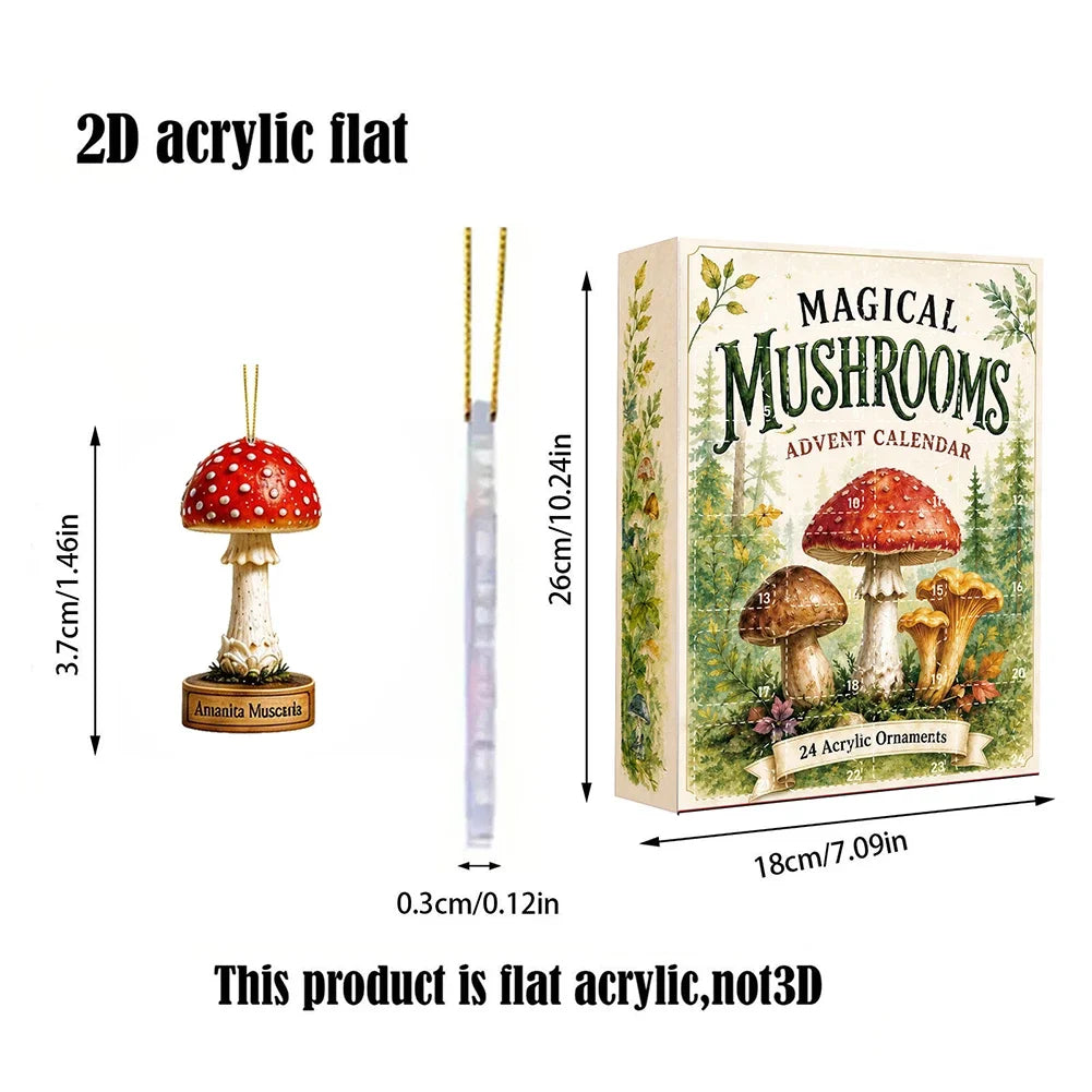 Holiday Charm Collection Box with 24 Surprise Acrylic Ornaments | Daily Reveal Calendar with Retro Mushroom Design Keychains for Christmas | Thomler