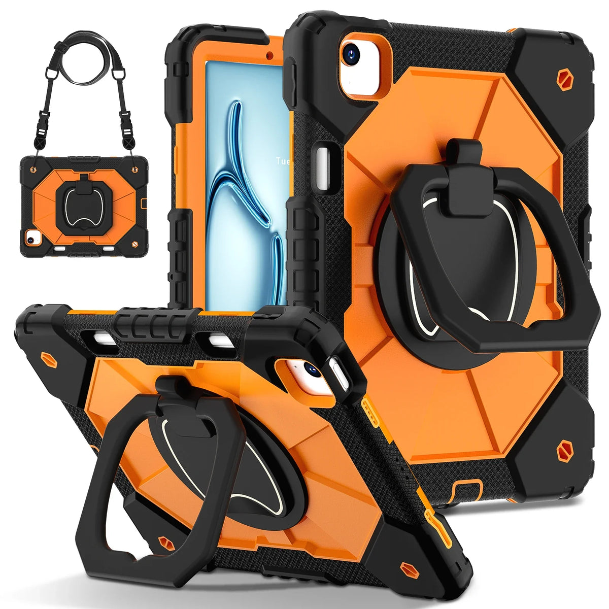 Triple-Layer iPad Protective Case with 360° Rotating Hand Grip, Integrated Kickstand & Shoulder Strap | Tempered Glass Screen Protector | Thomler