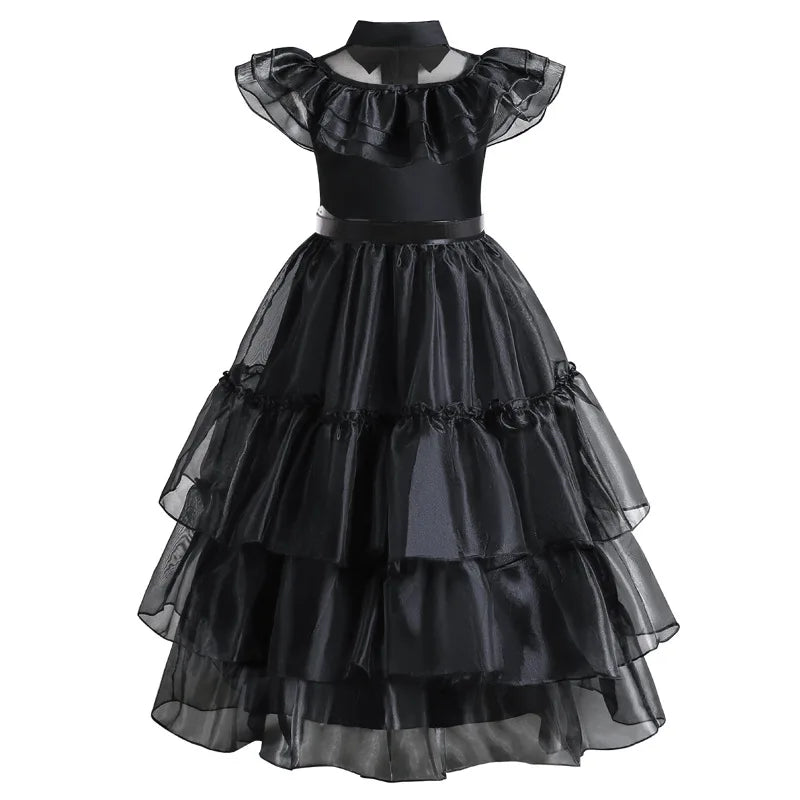 Girls Gothic Tiered Dress with Lace Panel Sleeves – Mid-Calf Costume for Halloween & Parties | Thomler