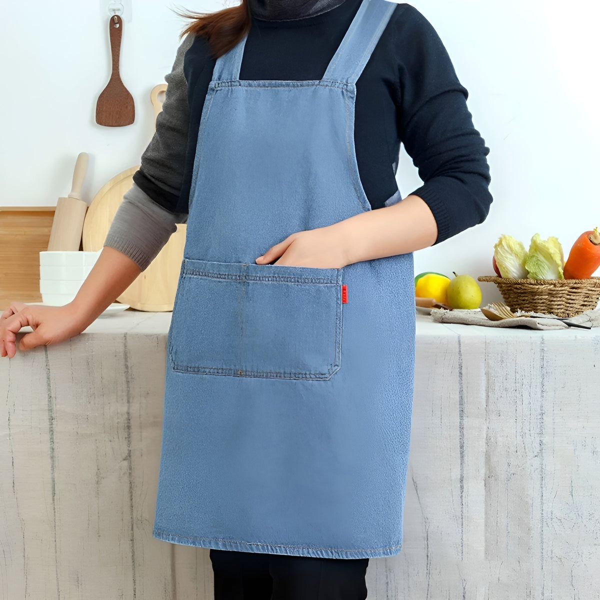 Cross-Back Bib Apron with Front Pocket – Denim-Look Kitchen & Workshop Apron for Cooking, Baking & Crafts | Thomler