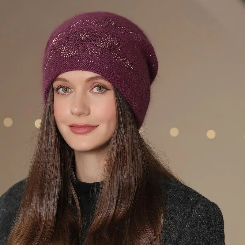 Women's Knit Beanie Hat with Floral Appliqué – Soft Acrylic & Fur-Blend Cap for Cold Weather | Thomler