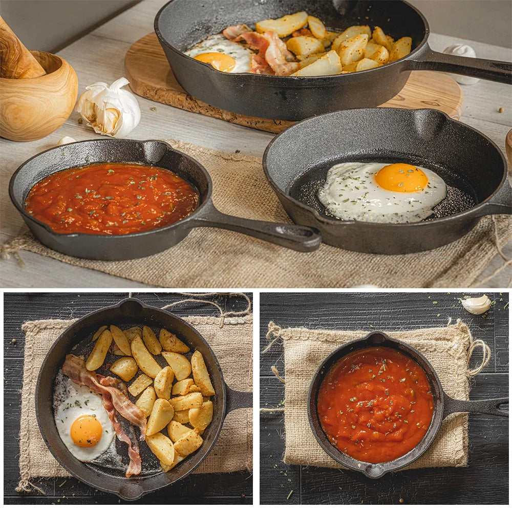 Frying Pan Set Cast Iron 16.0 cm 20.0 cm 26.0 cm Black Induction Gas Open Fire Skillet Cooking Set | Thomler