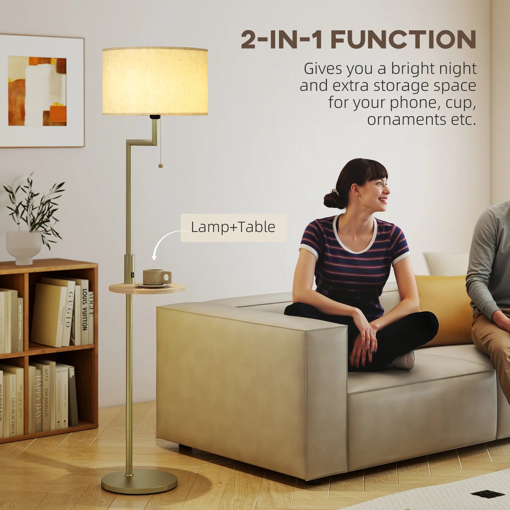 Floor Lamp Steel Bamboo Shelf 170.0 cm Gold Living Room Bedroom Reading Light USB Charging Arc Lamp | Thomler