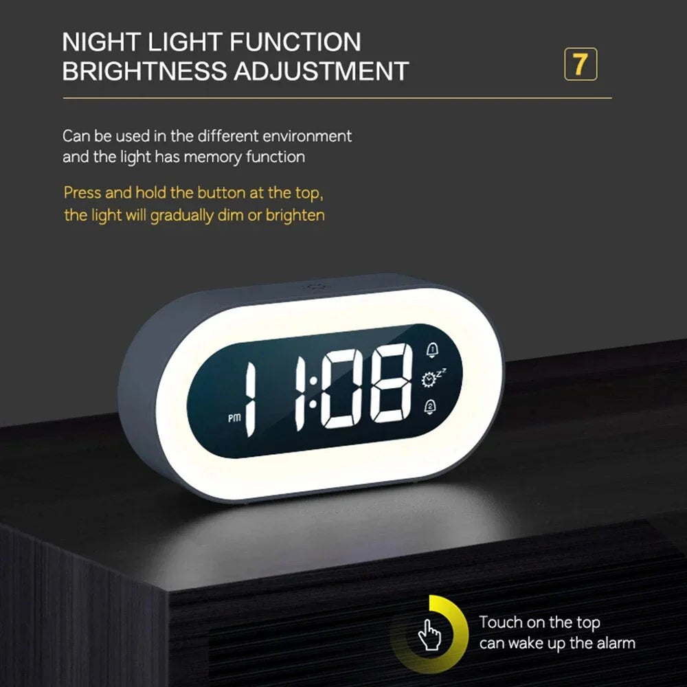 Alarm Clock LED Display USB Rechargeable Dimmable Night Light Bedroom Travel Wake Up Clock With Soothing Sounds | Thomler