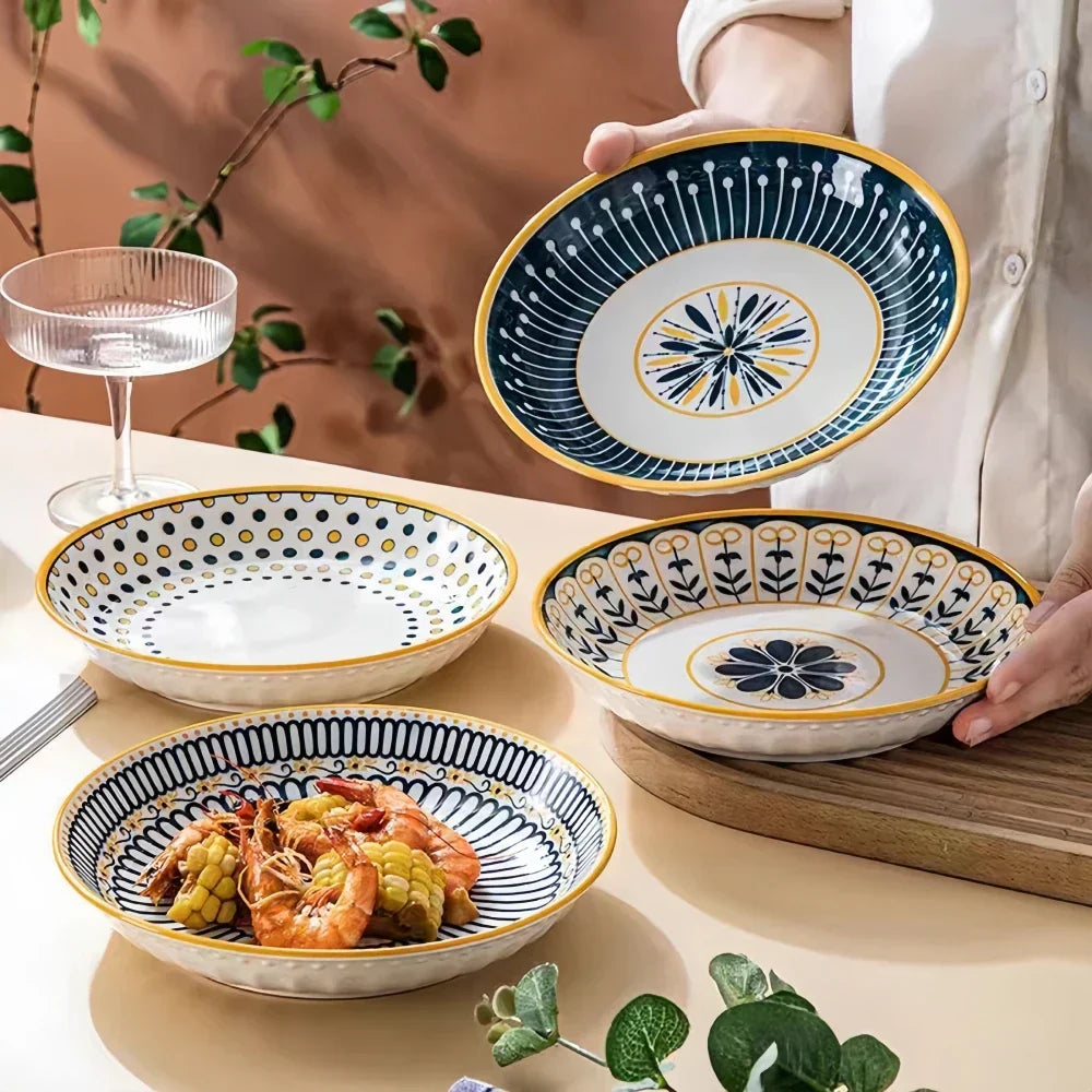 Dinnerware Set Porcelain 20.0 cm 7.9" Navy Blue Gold Breakfast Dessert Salad Plates Hand Painted Floral Tableware Set Of 4 | Thomler