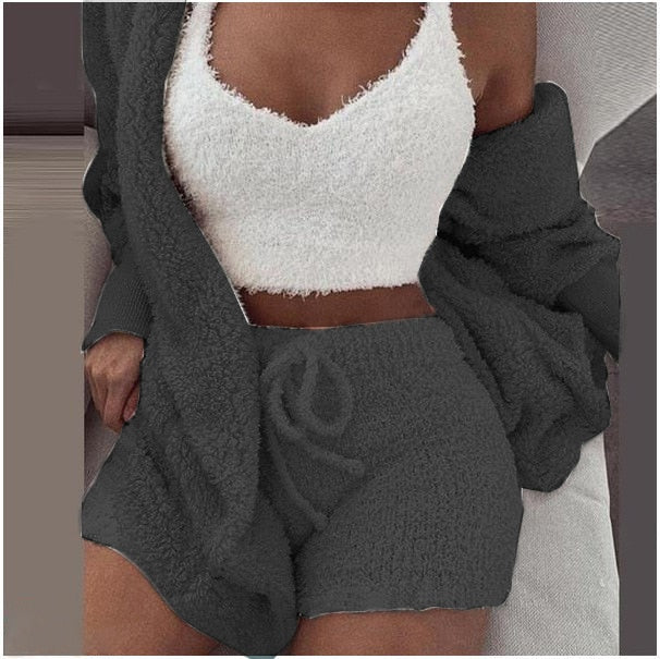 Women's Cozy Knit Lounge 3-Piece Set – Cropped Top, Pants & Cardigan for Relaxed Style | Thomler