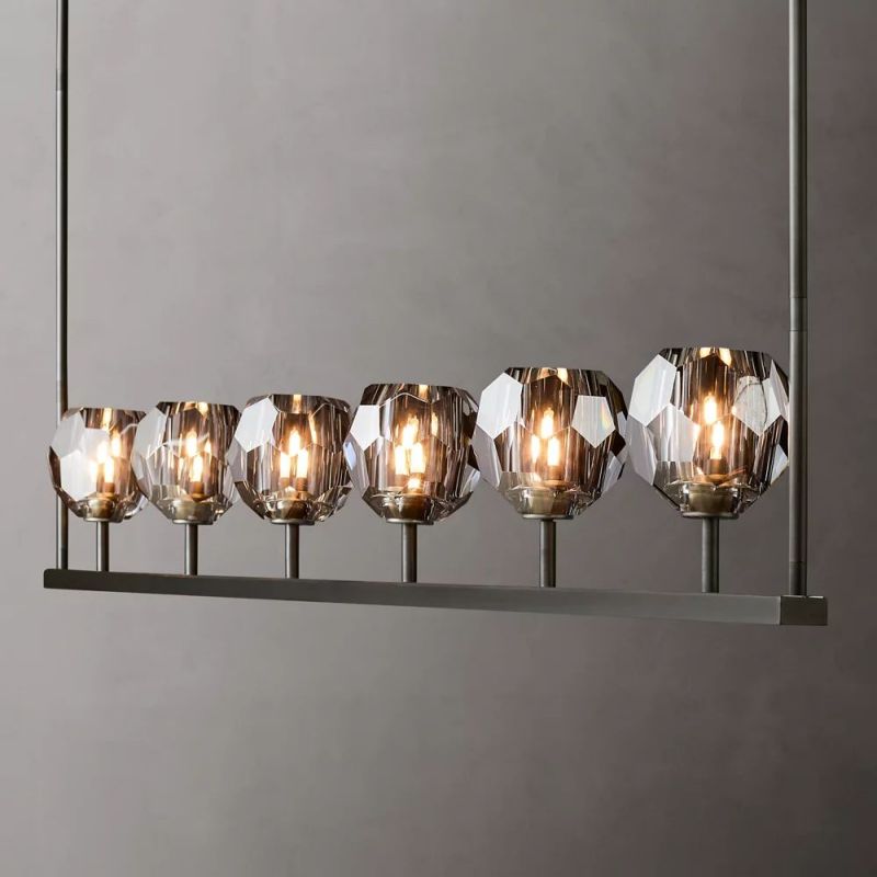 Linear Crystal Chandelier 60 Inch Brass 6-Light Dining Room Lighting Fixture Adjustable Height | Thomler