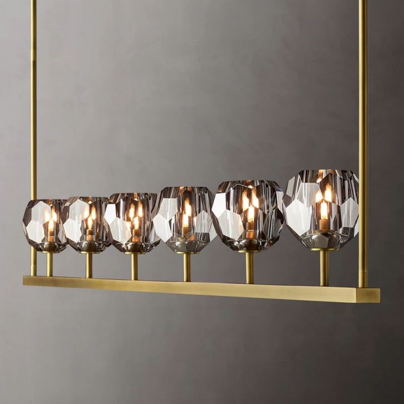 Linear Crystal Chandelier 60 Inch Brass 6-Light Dining Room Lighting Fixture Adjustable Height | Thomler