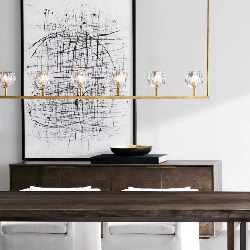 Linear Crystal Chandelier 60 Inch Brass 6-Light Dining Room Lighting Fixture Adjustable Height | Thomler
