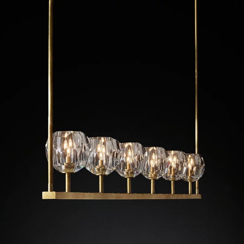 Linear Crystal Chandelier 60 Inch Brass 6-Light Dining Room Lighting Fixture Adjustable Height | Thomler