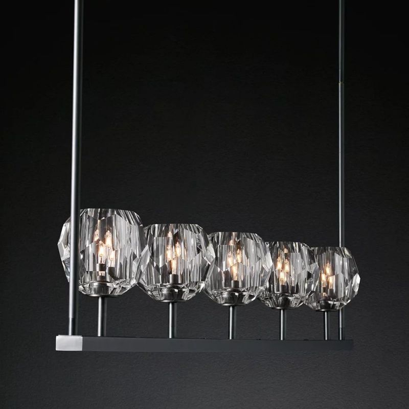 Linear Crystal Chandelier 60 Inch Brass 6-Light Dining Room Lighting Fixture Adjustable Height | Thomler