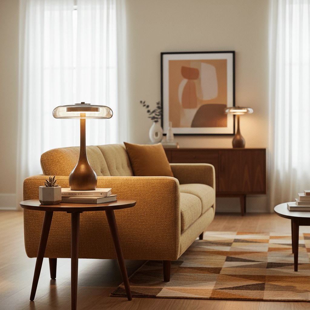 Wooden Table Lamp 9.8 in (25.0 cm) Amber Glass Shade Indoor Desk Lighting Warm Glow | Thomler