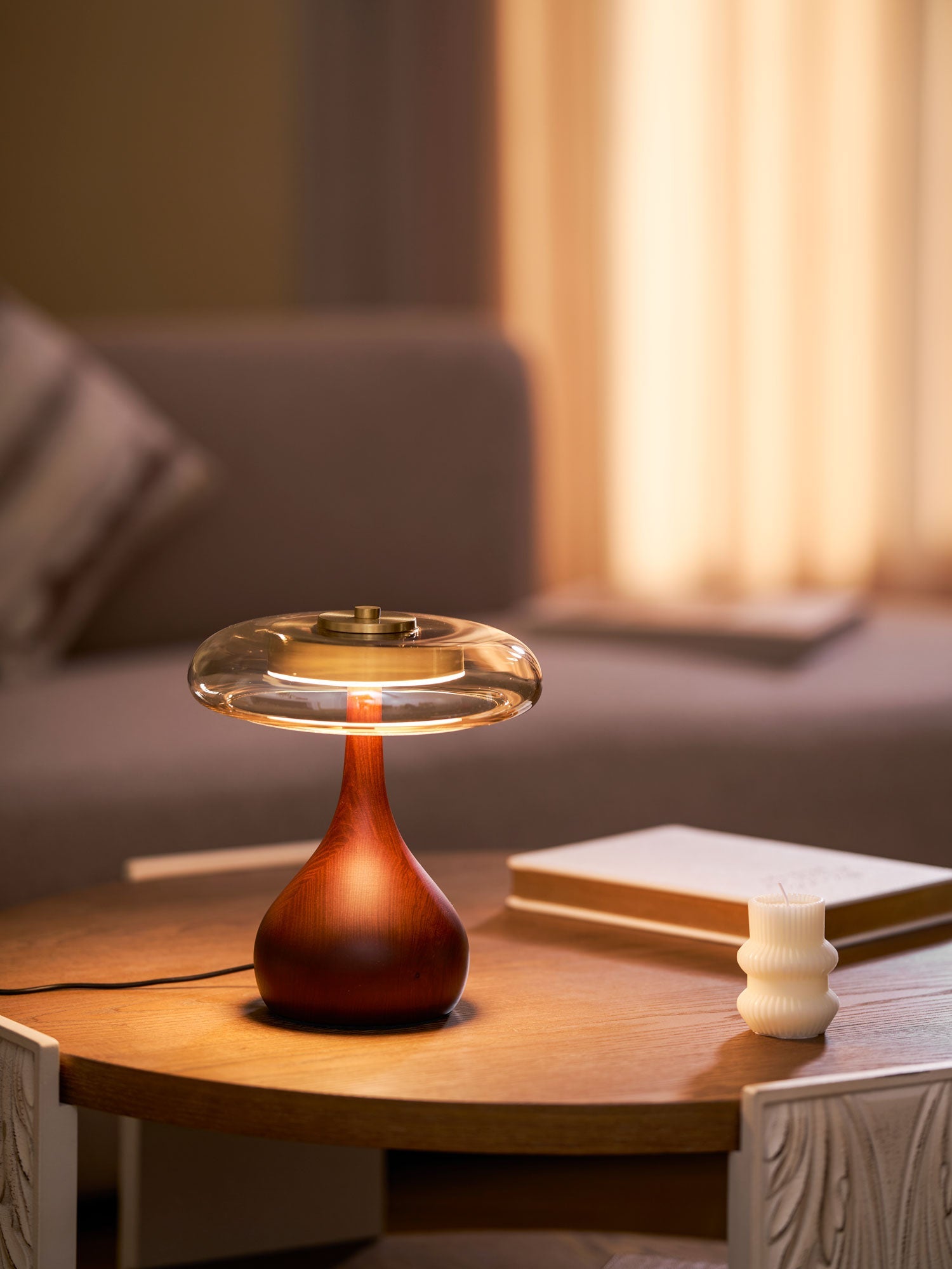Wooden Table Lamp 9.8 in (25.0 cm) Amber Glass Shade Indoor Desk Lighting Warm Glow | Thomler