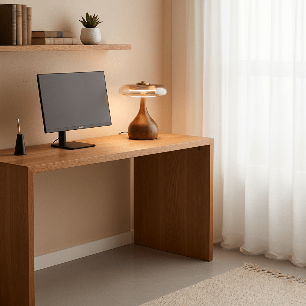 Wooden Table Lamp 9.8 in (25.0 cm) Amber Glass Shade Indoor Desk Lighting Warm Glow | Thomler