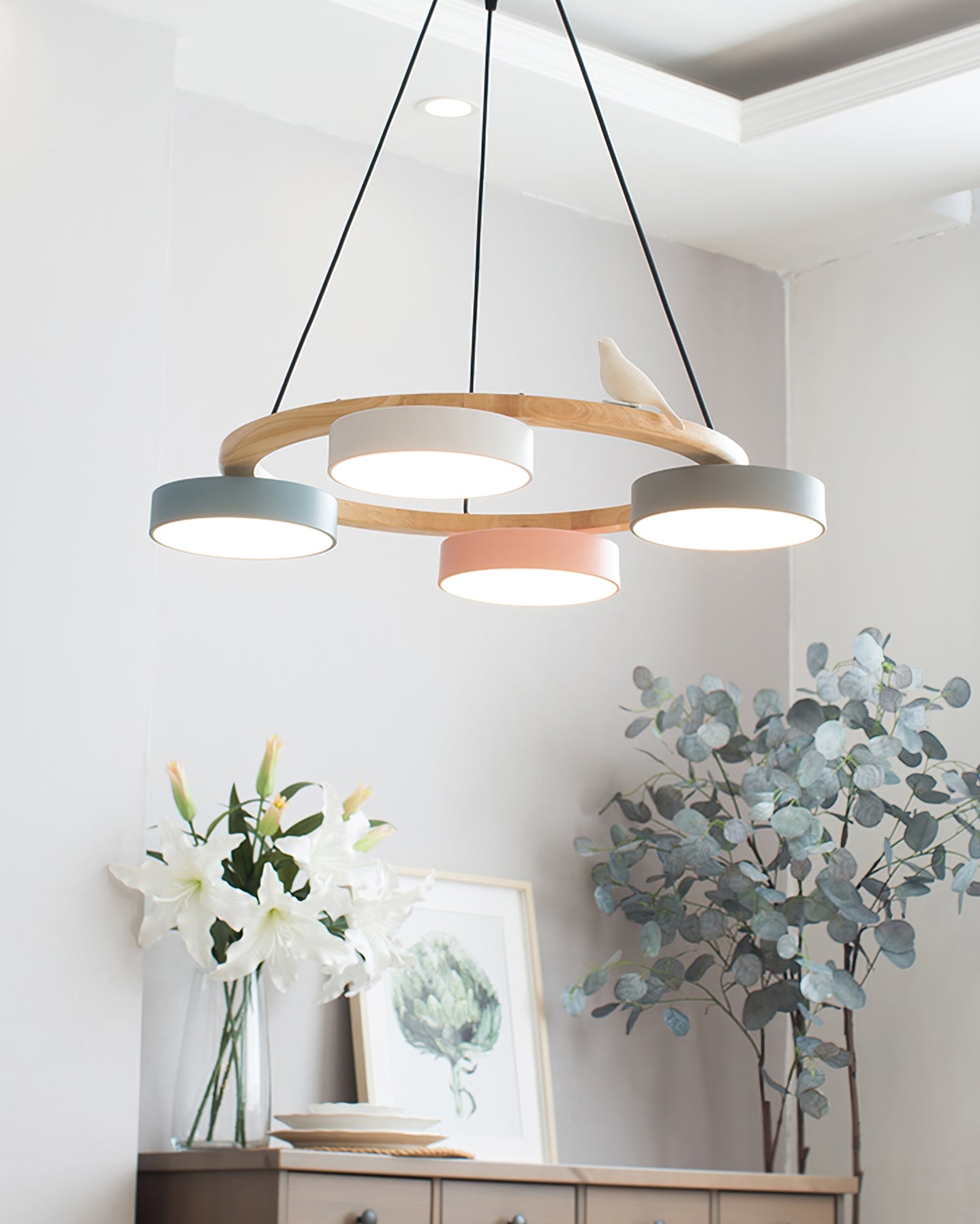 Chandelier Wood Round 25.6 in 4-Light Adjustable Indoor Ceiling Fixture Modern Dining Room Living Room Lighting | Thomler