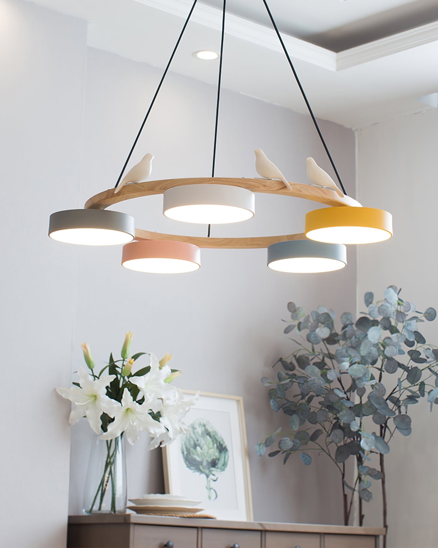 Chandelier Wood Round 25.6 in 4-Light Adjustable Indoor Ceiling Fixture Modern Dining Room Living Room Lighting | Thomler