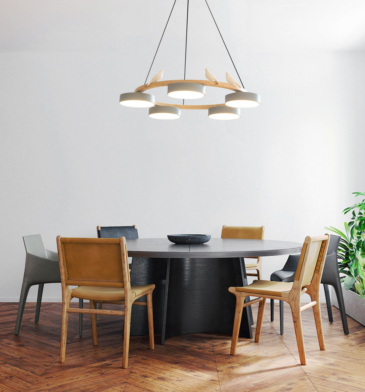 Chandelier Wood Round 25.6 in 4-Light Adjustable Indoor Ceiling Fixture Modern Dining Room Living Room Lighting | Thomler