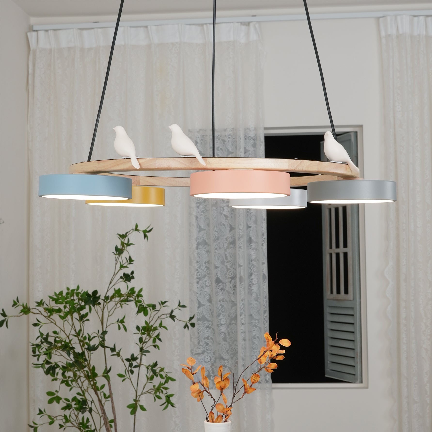 Chandelier Wood Round 25.6 in 4-Light Adjustable Indoor Ceiling Fixture Modern Dining Room Living Room Lighting | Thomler