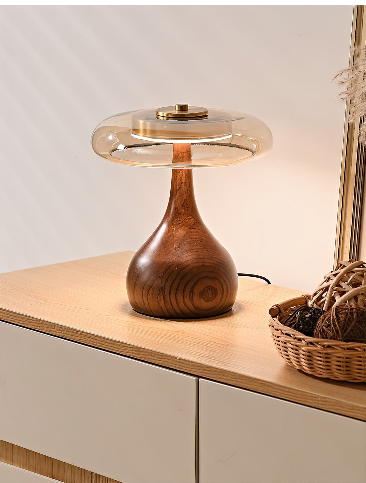 Wooden Table Lamp 9.8 in (25.0 cm) Amber Glass Shade Indoor Desk Lighting Warm Glow | Thomler