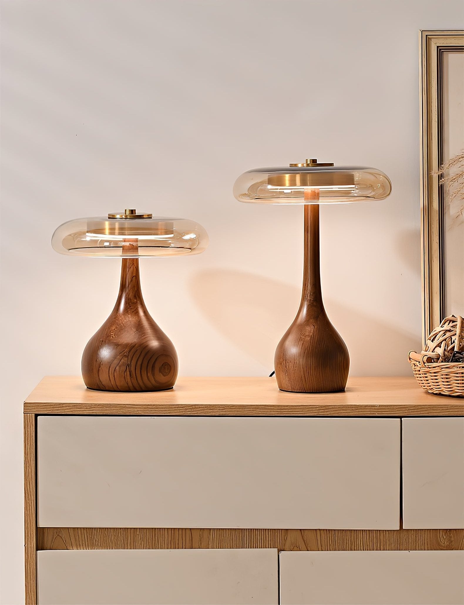 Wooden Table Lamp 9.8 in (25.0 cm) Amber Glass Shade Indoor Desk Lighting Warm Glow | Thomler