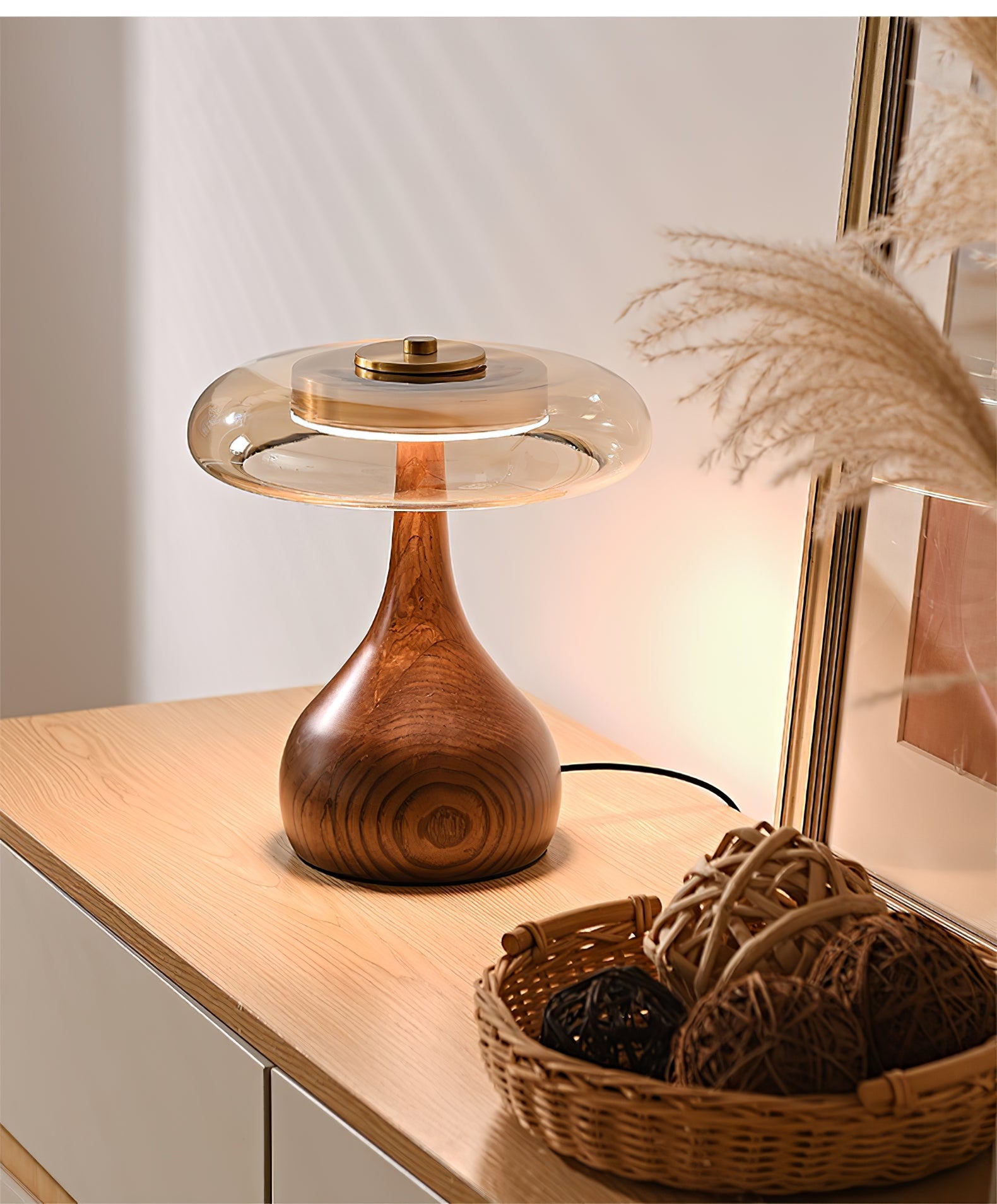 Wooden Table Lamp 9.8 in (25.0 cm) Amber Glass Shade Indoor Desk Lighting Warm Glow | Thomler