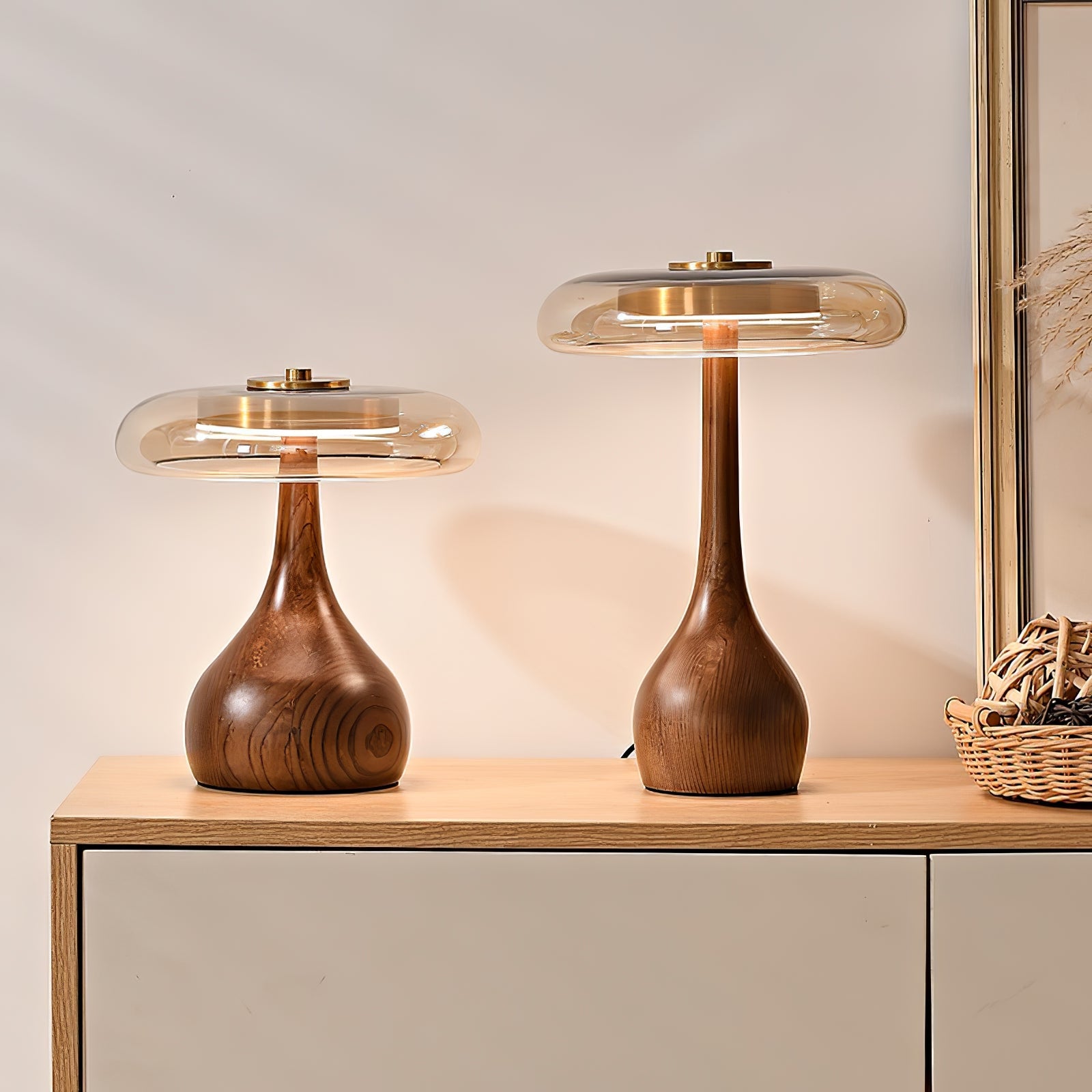 Wooden Table Lamp 9.8 in (25.0 cm) Amber Glass Shade Indoor Desk Lighting Warm Glow | Thomler