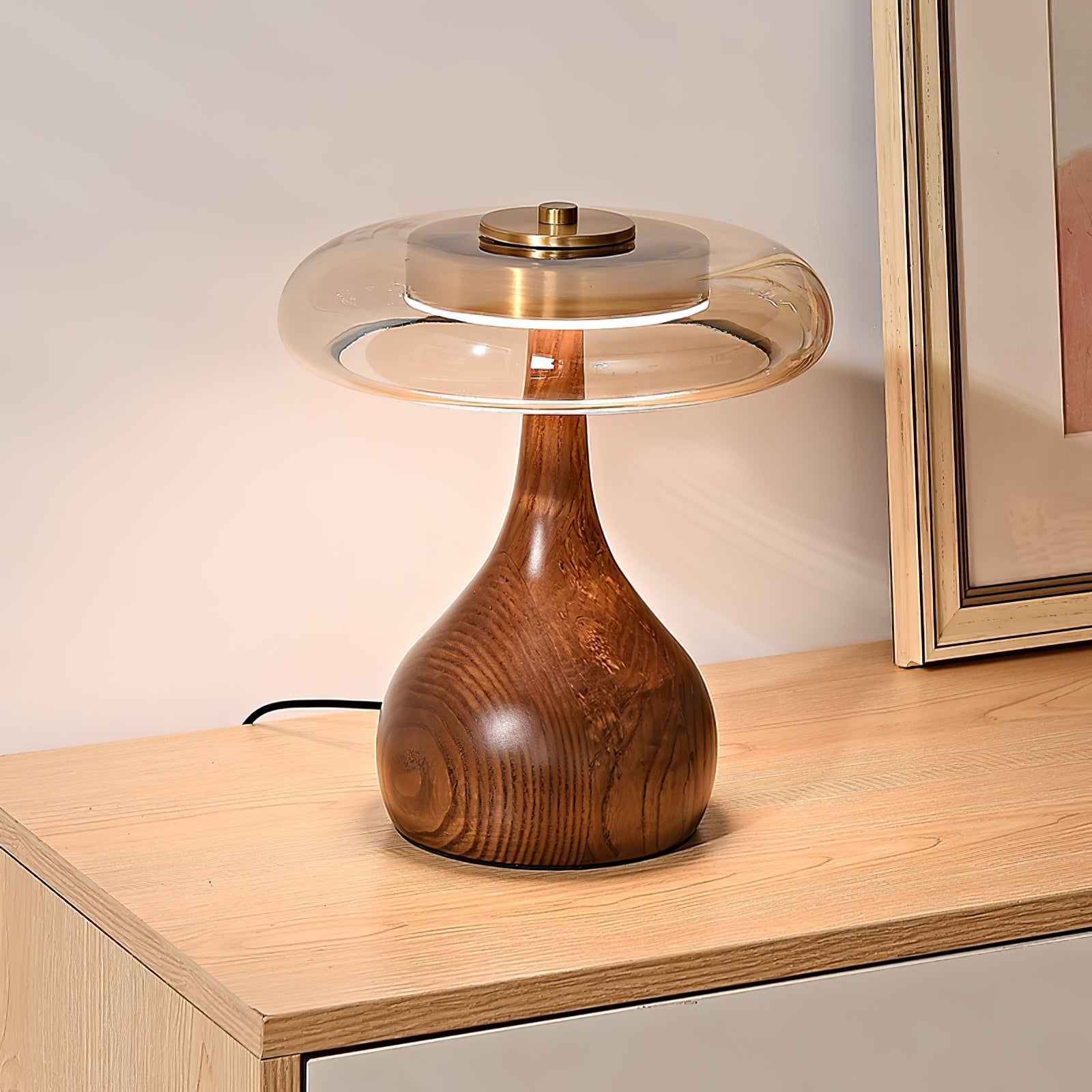 Wooden Table Lamp 9.8 in (25.0 cm) Amber Glass Shade Indoor Desk Lighting Warm Glow | Thomler