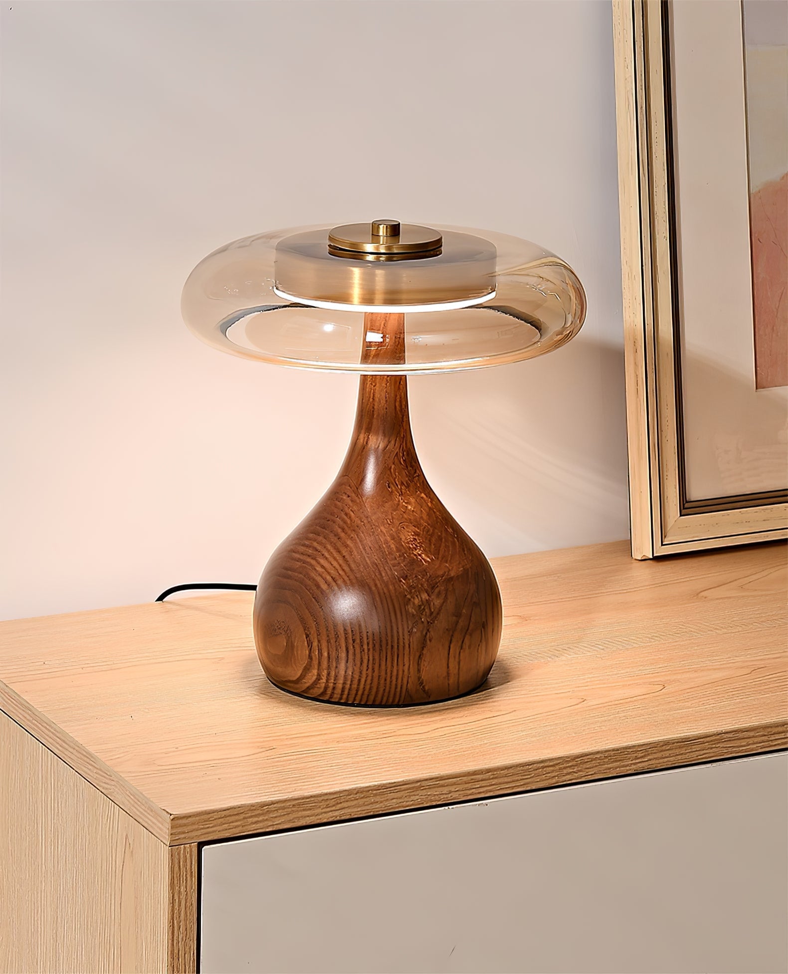 Wooden Table Lamp 9.8 in (25.0 cm) Amber Glass Shade Indoor Desk Lighting Warm Glow | Thomler