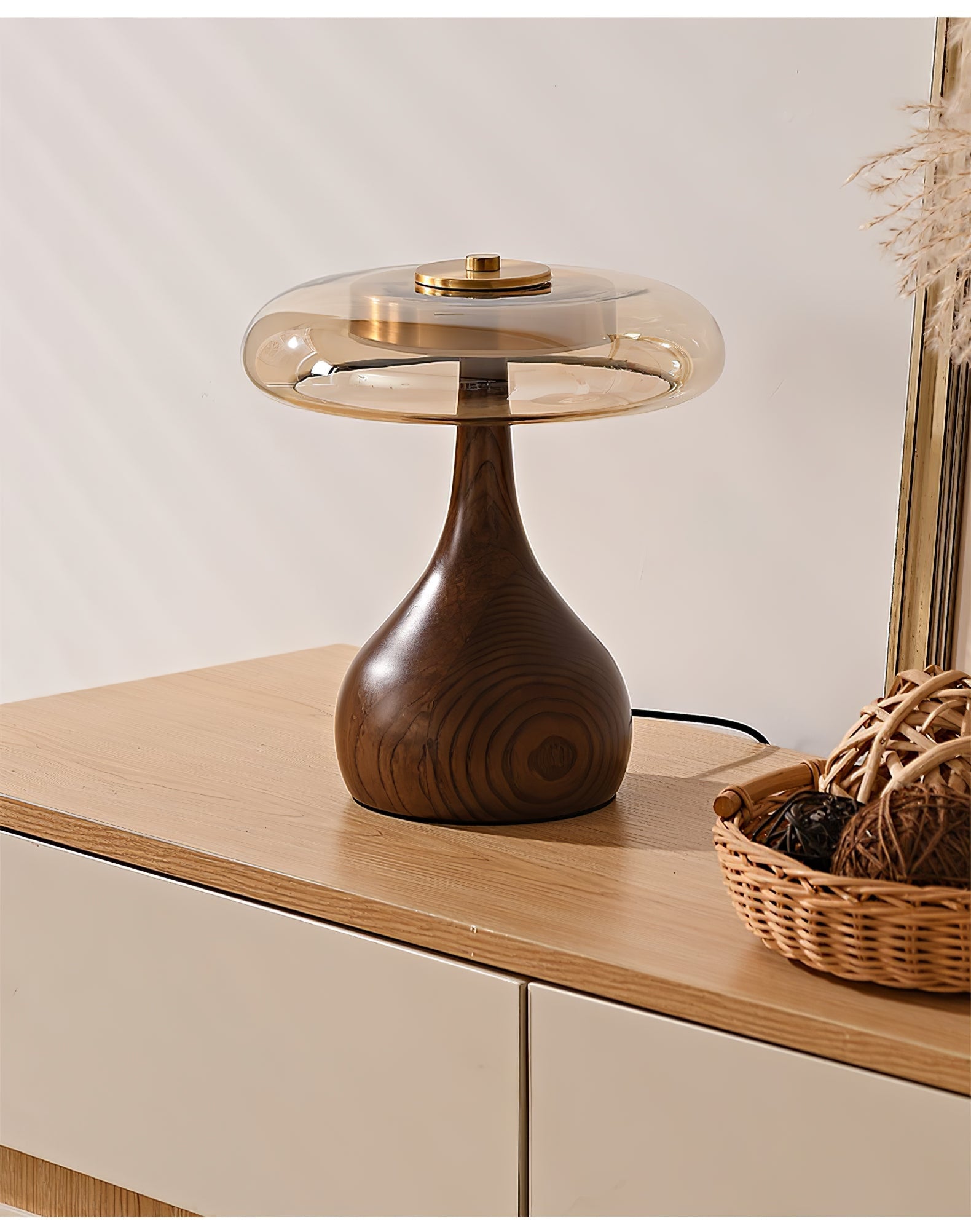 Wooden Table Lamp 9.8 in (25.0 cm) Amber Glass Shade Indoor Desk Lighting Warm Glow | Thomler