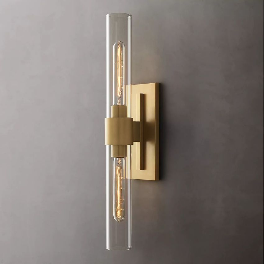 Industrial Glass Cylinder Wall Sconce with Metal Band, Dimmable LED Candle-Style Bulb, Brass & Glass 12-23 in Heights | Thomler