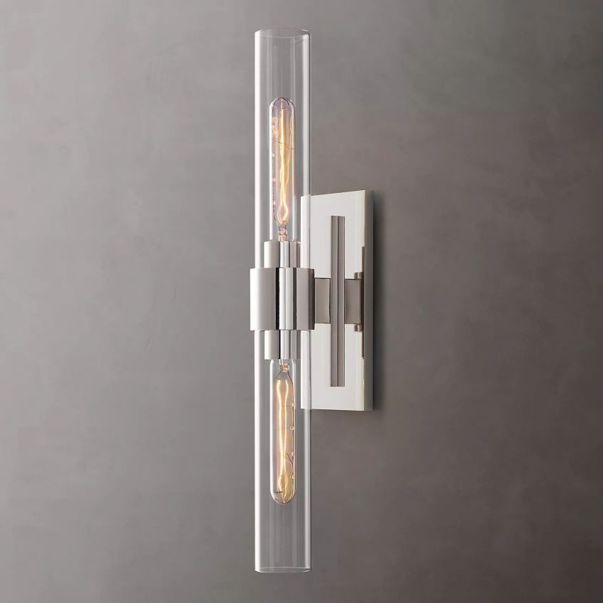 Industrial Glass Cylinder Wall Sconce with Metal Band, Dimmable LED Candle-Style Bulb, Brass & Glass 12-23 in Heights | Thomler