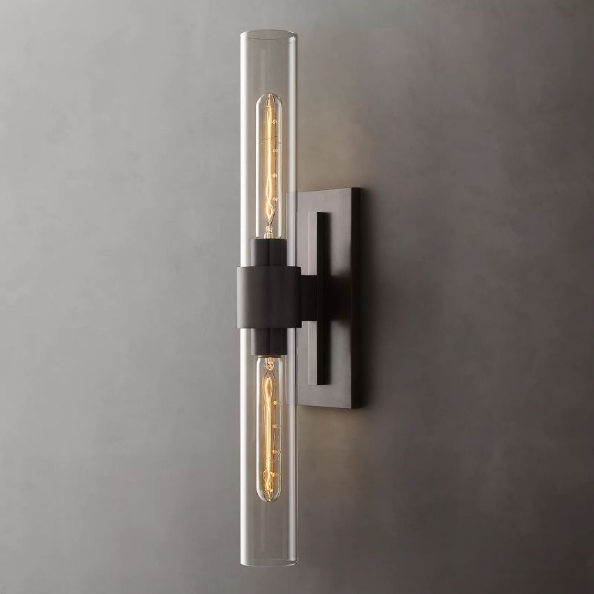 Industrial Glass Cylinder Wall Sconce with Metal Band, Dimmable LED Candle-Style Bulb, Brass & Glass 12-23 in Heights | Thomler