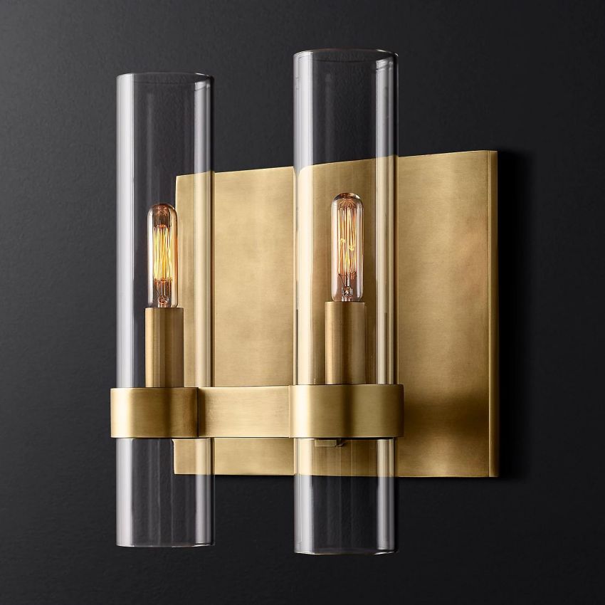 Industrial Glass Cylinder Wall Sconce with Metal Band, Dimmable LED Candle-Style Bulb, Brass & Glass 12-23 in Heights | Thomler
