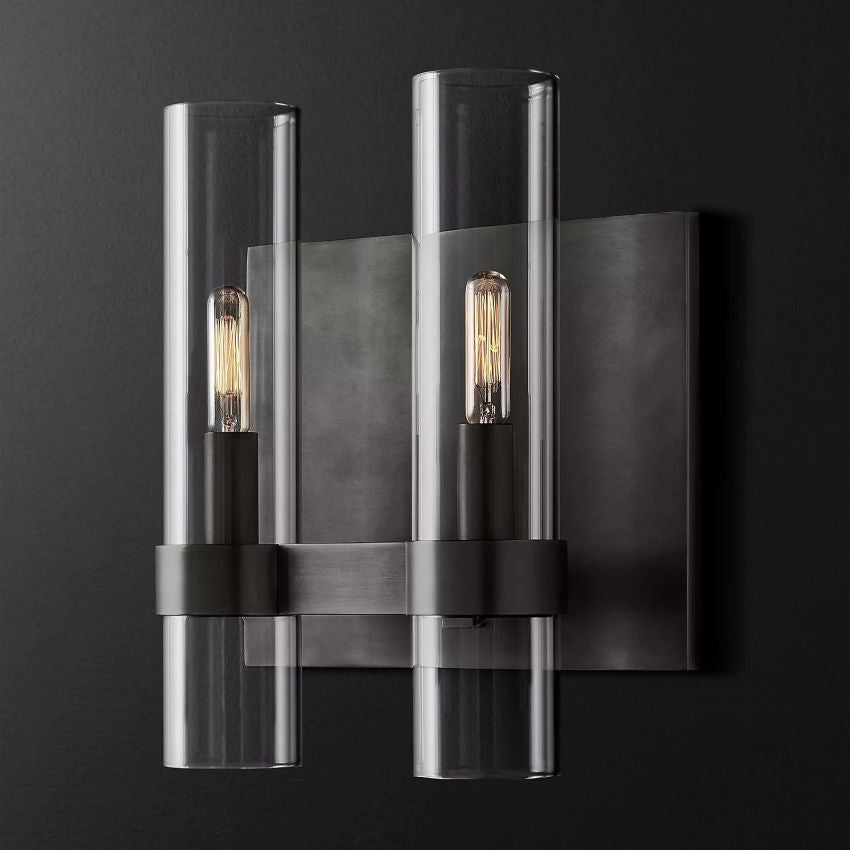 Industrial Glass Cylinder Wall Sconce with Metal Band, Dimmable LED Candle-Style Bulb, Brass & Glass 12-23 in Heights | Thomler