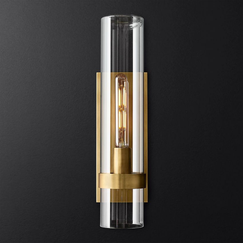 Industrial Glass Cylinder Wall Sconce with Metal Band, Dimmable LED Candle-Style Bulb, Brass & Glass 12-23 in Heights | Thomler